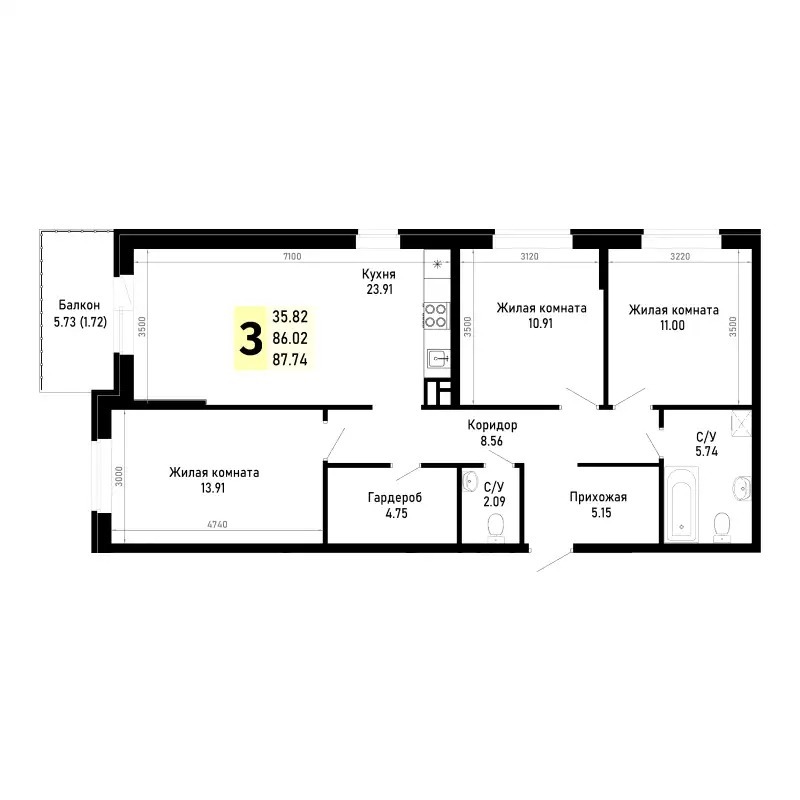Планировка 3-комнатной квартиры 87.74 м²