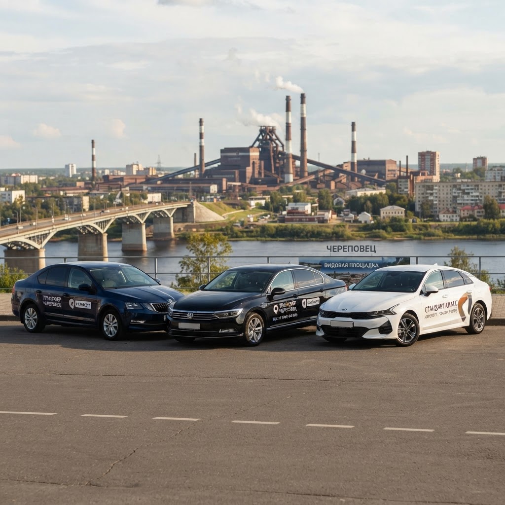 Автомобили тарифа «Стандарт» — Skoda Octavia, VW Passat и Kia K5 на смотровой площадке Череповца